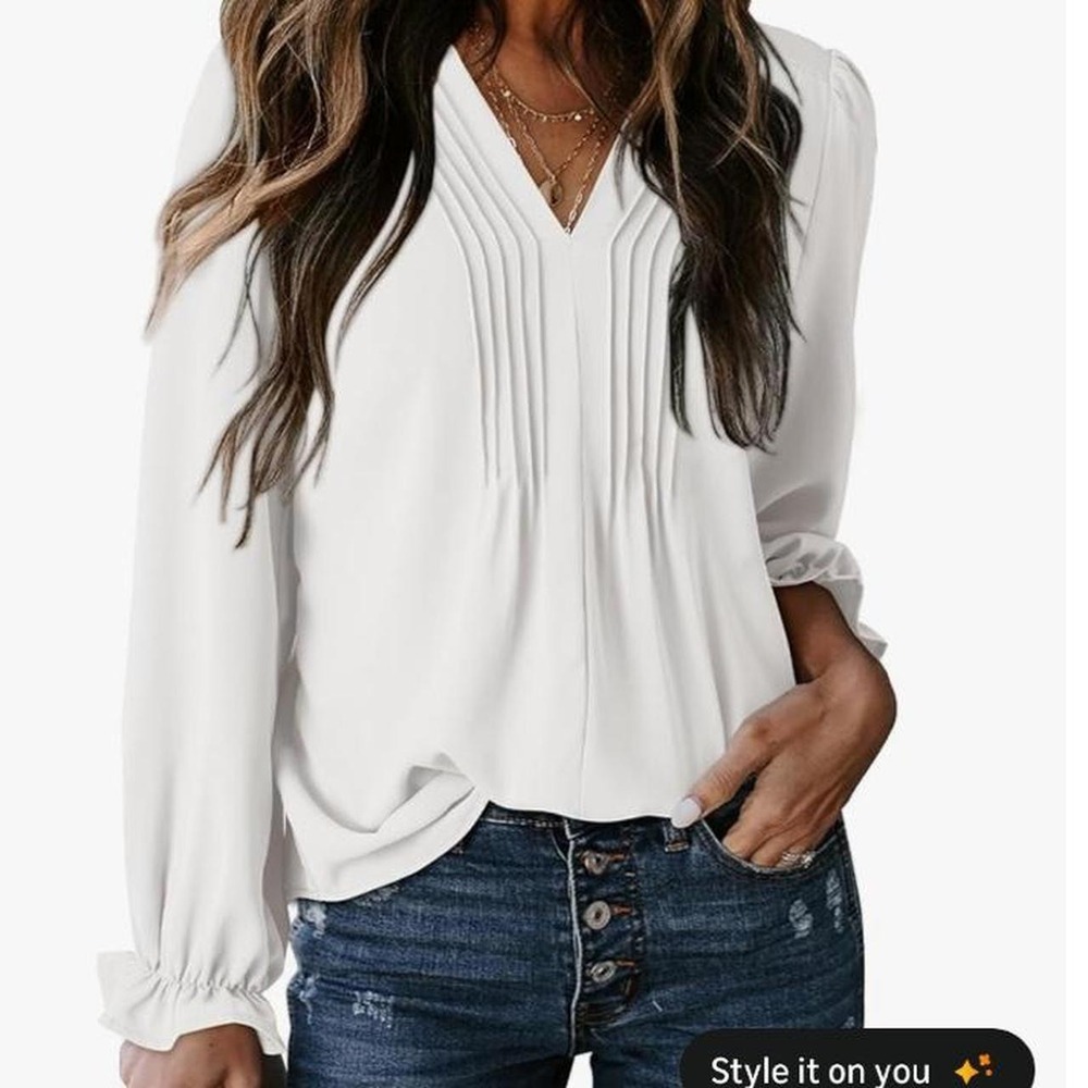 Dokotoo Womens Tops Casual Pleated V Neck Puff Long Sleeve T Shirt